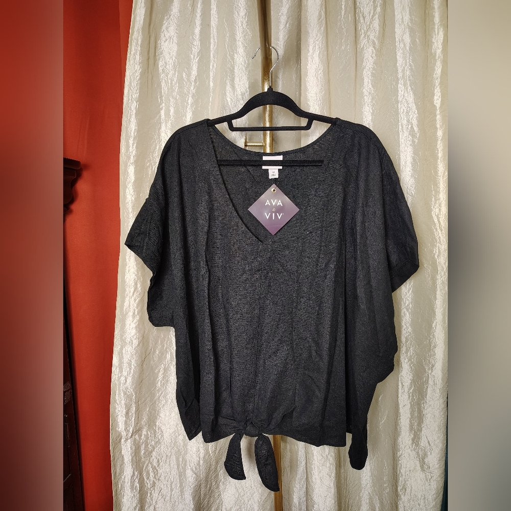 Ava & Viv Black Linen Blend Tie-Front Top | Size 4X - Picture 2 of 9